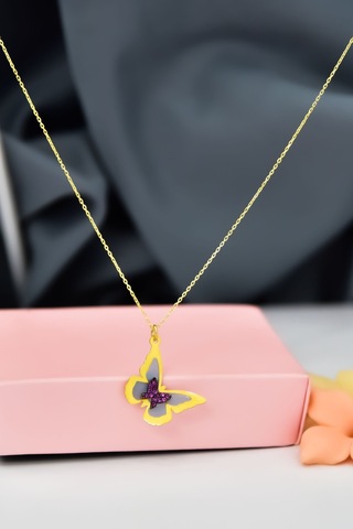 925 Ayar Gümüş Gold Kaplama Rüya Serisi Cam Boyalı İç İçe Kelebek Kolye