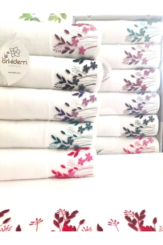 6.lı Set Annem 50x90 Cm. Özel Tafting Nakışlı Kadife Doku Çeyizlik Lüks Havlu Seti Beyaz Beyazdal Beyaz