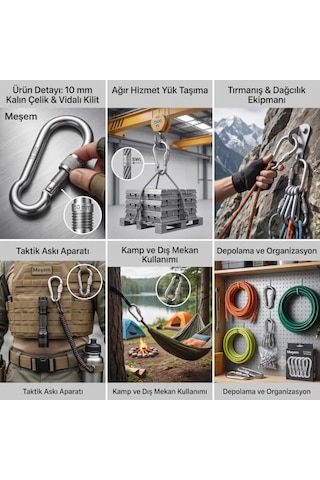 Metal Vidalı Karabina 10 Mm 5'li Paket - Kalın Çelik Yük Taşıma Kancası, Dağcılık Ve Taktik Askı Aparatı