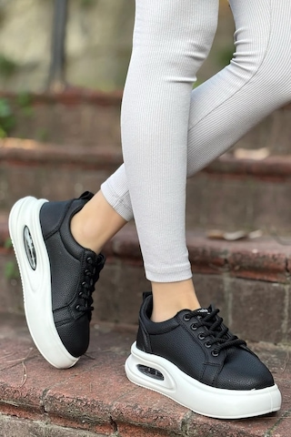 Günlük Kadın Sneaker Örgü Bağcıklı Hafif Kalın Yüksek Balon Taban Yürüyüş Spor Ayakkabı 5750 Siyah - Beyaz