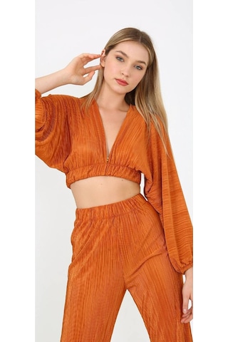 Fashion Cocktail Zarif V-yaka Fitilli Akordiyon Kumaş Crop Pantolon Takım Taba Taba