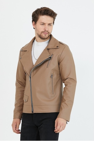 Erkek Vizyon Yeni Sezon Çapraz Fermuarlı Deri Ceket Mont-Vizon