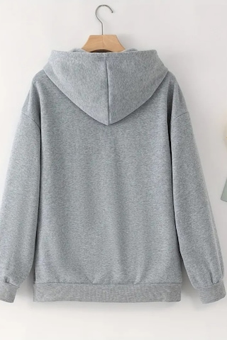 Unisex Gri Kapüşonlu Fermuarlı Hırka God Çiçek Baskılı, Şardonlu Kalın Kumaş Gri