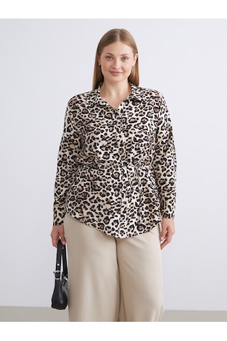 Lcwaıkıkı Classic Kahverengi Büyük Beden Leopar Desenli Kadın Gömlek