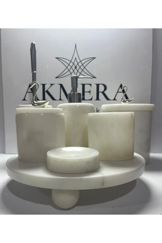 Mermer Top Ayaklı Standlı 7 Parça Lüks Banyo Seti Beyaz - Krom