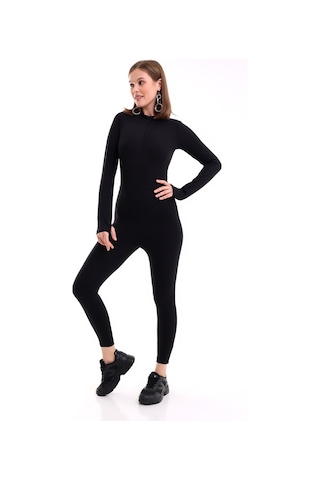Winmoda34 Kadın Dalgıç Polarlı Likralı Spor Günlük Tulum Önden Fermuar Detaylı Uzun Kol Parmak Geçmeli Model Siyah