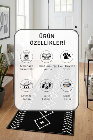 İskandinav Siyah Beyaz Yıkanabilir Yolluk
