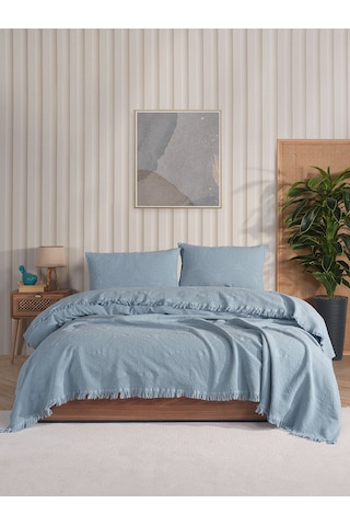 Jakar Daire Çift Kişilik Yatak Örtüsü Seti Açık Mavi Kutulu Mavi
