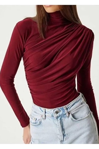 Unika Boutique Merrline Kadın Sandy Rahat Kumaş Drapeli Bluz Bordo
