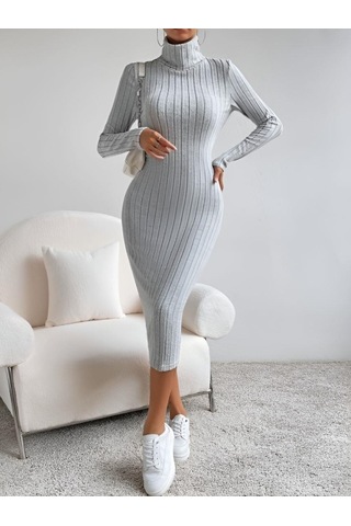 Kadın Balıkçı Yaka Uzun Kollu Kaşkorse Midi Elbise 001