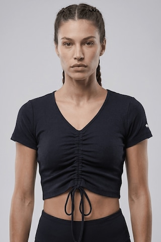Woneagle Lacivert V Yaka İp Büzgülü Crop Basic Tişört Lacivert Lacivert