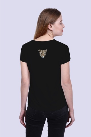 Kadın Siyah Ön/Arka Tiger Baskılı V Yaka Tshirt Siyah