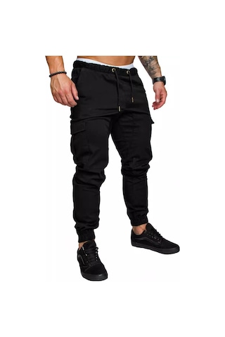 Erkek İlkbahar Ve Sonbahar Uzun Pantolon Moda Günlük İpli Elastik Pantolon Düz Renk Cepli Pantolon Siyah