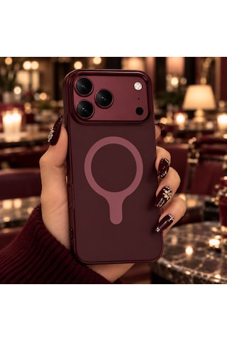 Apple Uyumlu iPhone 18 Pro /17 Pro Uyumlu Magsafe Burgundy-bordo Velora Kılıf Mat Silikon 2mm Kamera Korumalı Wireless Şarj Destekli Premium Kılıf-kapak Burgonya-kırmızı