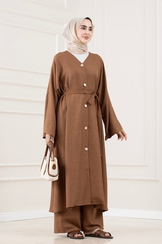 Sevitli Düğmeli Davin Abaya İkili Takım-kahverengi-5876