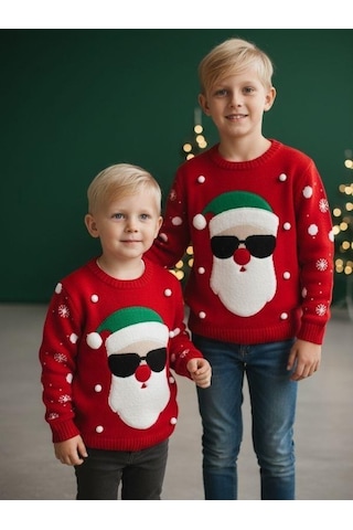 Zekids Çocuk Yılbaşı Temalı Noel Babalı Kırmızı Kazak-16584 Kırmızı