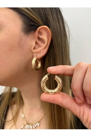 Altın Nesil - 14 Ayar Altın Kalın Çift Çizgi Detaylı Büyük Halka Küpe Altın - Beyaz Altın