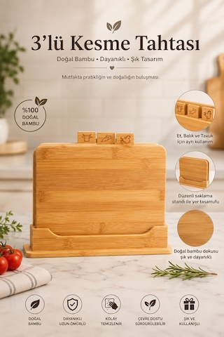 Porsima 16668 Piero Bambu 3'lü Standlı Kesme Tahtası Kesim Panosu