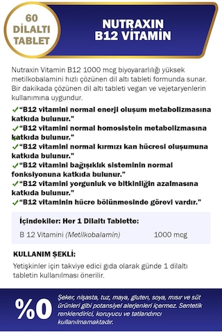 Nutraxin Vitals B12 Vitamini 1000 Mcg 60 Dilaltı Tablet + Vitamin