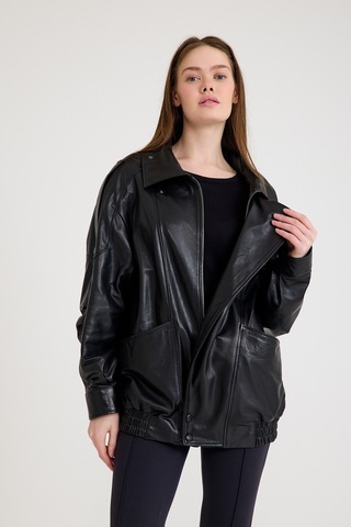 Oversize Bayan Deri Ceket Vb-20-bk-2847-24116 Siyah