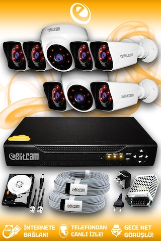 Elitcam 8 Kameralı Kare 2 İç Kamera Set 2 TB HDD Full HD Gece Görüşlü Güvenlik Kamerası Sistemi