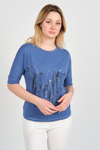 Sistas Kadın Bisiklet Yaka Desenli Yaka Ve Etek Ucu Parlak Şeritli Bluz 24244 Indigo Indigo