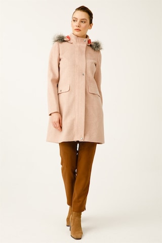 Yün Kumaş Fermuar Kapamalı Kapişonlu Kaban Pudra-pudra Pudra