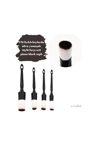 4'lü Hassas Araç Fırça Seti Yumuşak Başlıklar - Piano Black Saplı, Beyaz Tüylü 1 Adet
