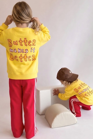 Monila Unisex Çocuk Baskılı Sarı Sweatshirt Ve Kırmızı Eşofman Alt Üst Takım