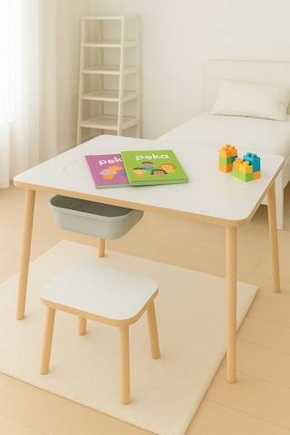 Çocuk Çalışma Oyun Etkinlik Ve Aktivite Masası Tek Tabureli Sepetli Mdf Ahşap Beyaz