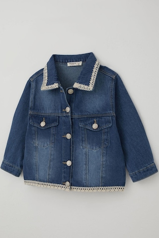 Breeze Kız Çocuk Jean Ceket Yaka & Alt Kısmı Güpür Cep Kapak Detaylı 3-7 Yaş, Mavi Mavi