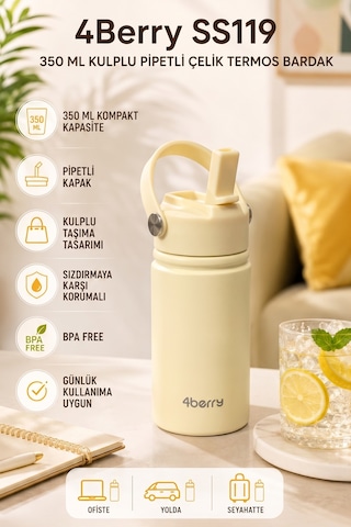 350 Ml Kulplu Pipetli Çelik Termos Bardak Bpa Free, Taşınabilir Mini Termos, Krem Renk