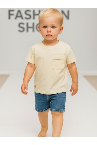 Çikoby Erkek Bebek Basic Cep Detaylı Tshirt-15856 Krem