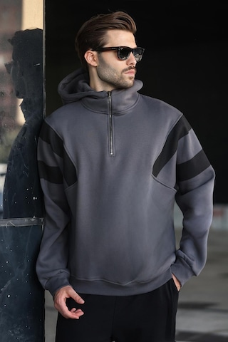 Madmext Füme Fermuarlı Yaka Kapüşonlu Erkek Sweatshirt E7161 Füme