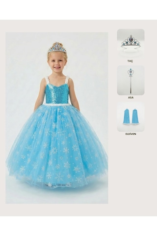 Butikhappykids Frozen Elsa Kostümü Askılı Kız Çocuk Prenses Elbisesi Taç Asa Eldiven Hediyeli Mavi
