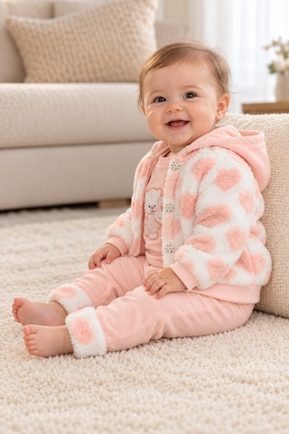 Ahengim Kız Bebek 3 Parça Takım Kapüşonlu Peluş Ceket Ayıcık Nakışlı Üst Ve Pantolon Ak2482 Pudra