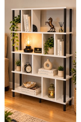 Veramoni 5 Raflı Modern Kitaplık 137x90x20 Cm - Beyaz Siyah Beyaz - Siyah