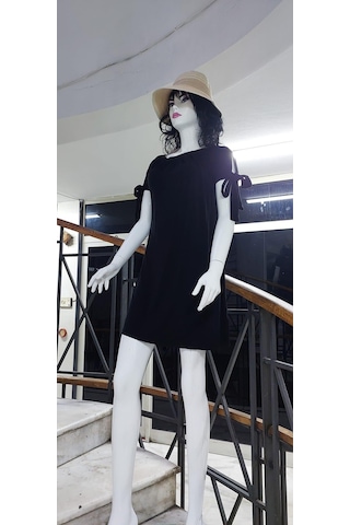 Eren Style Kol Bağcıklı Esnek Elbise & Tunik Siyah