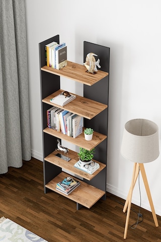 Asimetrik Beş Raflı Kitaplık Antrasit Gri- Atlantik Çam
