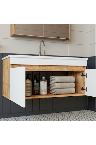 Roomart '' Lavabolu '' Atlantik-Beyaz Mat Mdf 100 Cm Banyo Dolabı Atlantik Çam - Beyaz