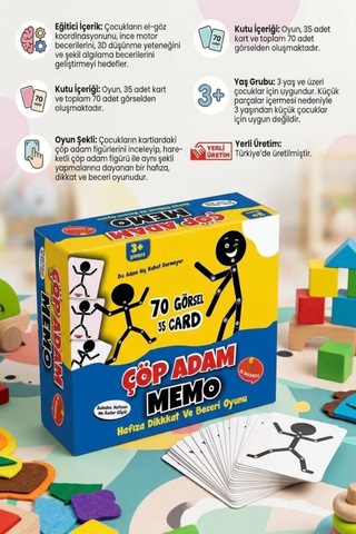 Çöp Adam Memo 105 Parça 70 Görselli Hafıza Ve Dikkat Geliştirici Eğitici Oyuncak