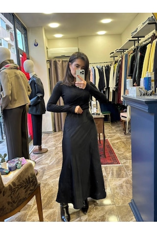 Ayçagüney Saten Beli Lastikli Maxi Etek - Siyah Siyah