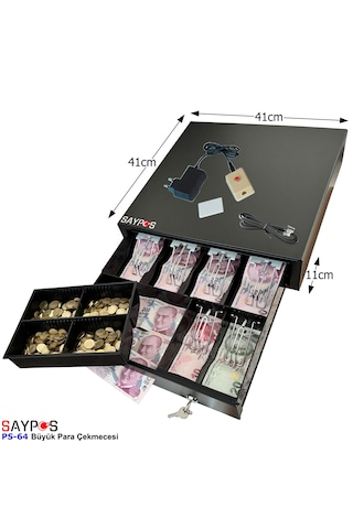 6 Banknot Gözlü Kolay Açma Buton Ve Adaptörlü, Anahtardan Açılır Para Çekmecesi 41x41x11cm