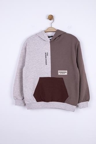Erkek Çocuk Kapüşonlu Kanguru Cepli Renk Bloklu Sweatshirt-13017-vizon Vizon