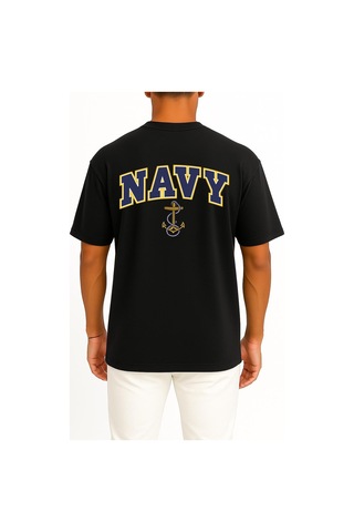 Bahriyeli Collection Oversize Blue Navy Anchor Göğüs Ve Sırt Baskılı Unisex T-shirt Siyah