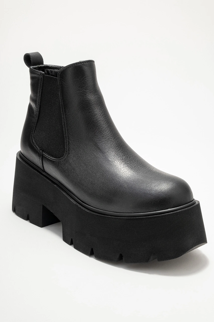 Luvishoes Clen Siyah Cilt Hakiki Deri Lastikli Kadın Kalın Tabanlı Bot Siyah-Cilt