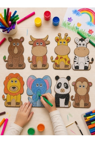Ahşap Safari Hayvanları Boyama Seti 3 Mm Ham Mdf 8'li Çocuk Aktivite Seti - Eğlen, Öğren Ve Kendi Duvar Dekorunu Yap
