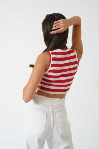 Ckm Moda Adrian Yüksek Kalite Kadın Yuvarlak Yaka Çizgili Crop Bluz Kırmızı