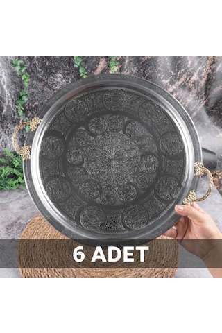 430 Kalite Krom Çelik Kulplu 6 Adet Tepsi 35 Cm Fırına Uygun, Osmanlı Motifli, Kebap & Restoran Sunum Tepsisi Gri