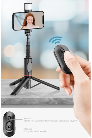 Torima Q12s Siyah Uzaktan Kumandalı Kablosuz Led Işıklı Selfie Çubuğu Tripod